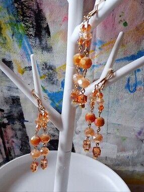 Peach And Gold Tone Beaded Drop Earrings - Elegant Women Jewelry Handmade